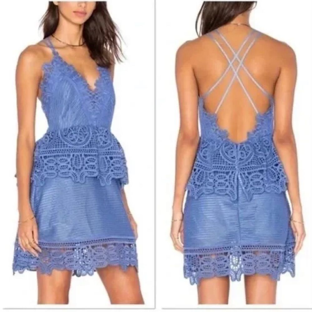 Self-Portrait Blue Crochet Lace Mini Dress